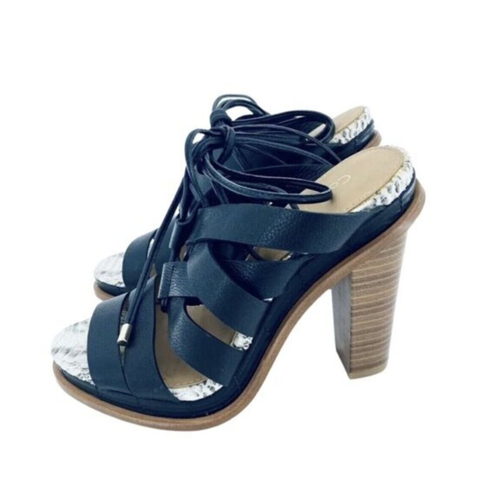 Calvin Klein Platform Sandals Ankle Wrap Leather Strappy Black SZ 6 New